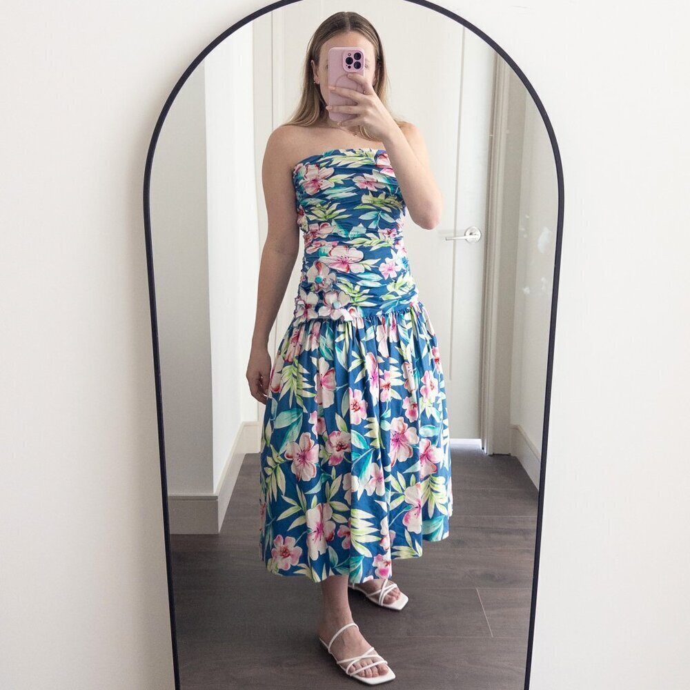 Victor Costa Vintage Floral Drop Waist Tulle Strapless Dress 1980s Lord & Taylor